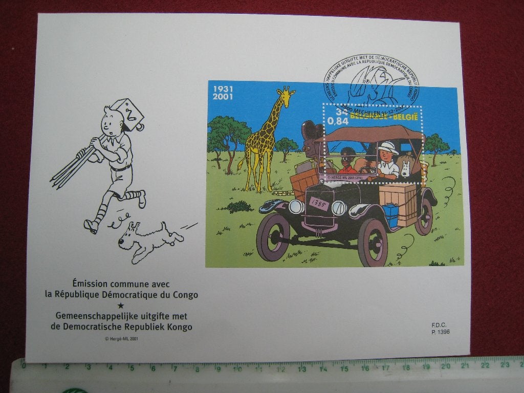 FDC HERGÉ. Groot formaat envelop "Congo-Mechelen"" 2001, Postzegels en Munten, Verzenden, Gestempeld, Overige thema's