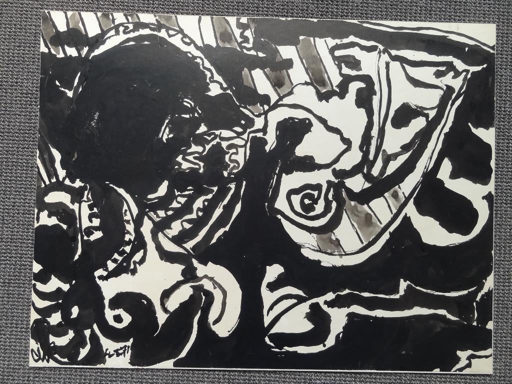 werk op papier, inkt, 50 x 65 cm, Dotremont?, Antiek en Kunst, Kunst | Schilderijen | Abstract, Verzenden