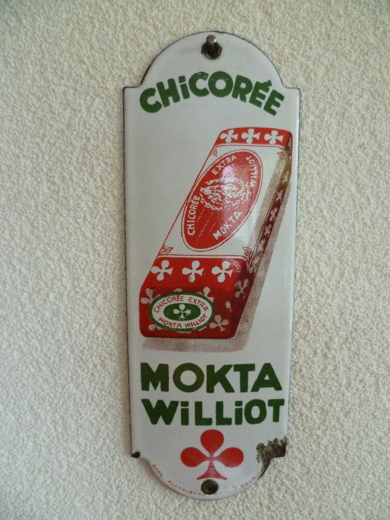 MONTANT DE PORTE EN ÉMAIL«CHICORÉE MOKTA WILLIOT»ANNÉES 1930, Collections, Enlèvement ou Envoi, Utilisé, Panneau publicitaire