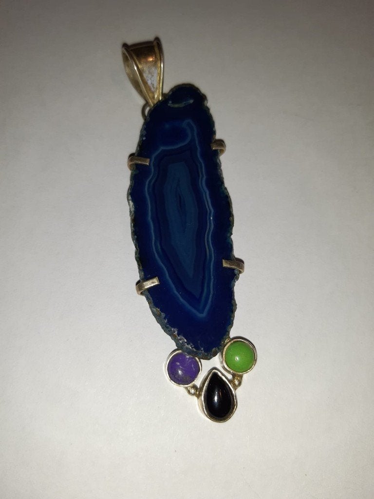 oude grote zilveren hanger halfedelsteen, jaren 1960, Enlèvement ou Envoi, Neuf, Bleu, Argent