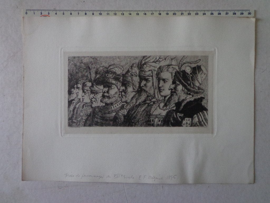 19de eeuwse ets J Van de Kerkhove Fries van personages 1875, Antiek en Kunst, Kunst | Etsen en Gravures, 1800 - 1899, Ets, Portret