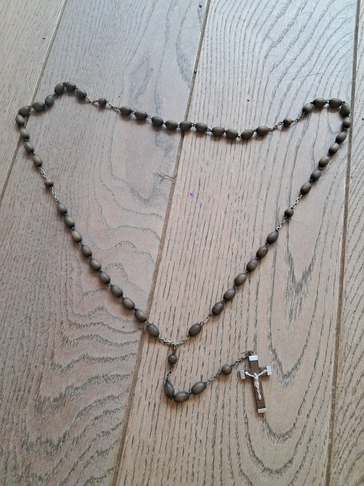 Paternoster met grijs-bruine, houten kralen, Ophalen of Verzenden