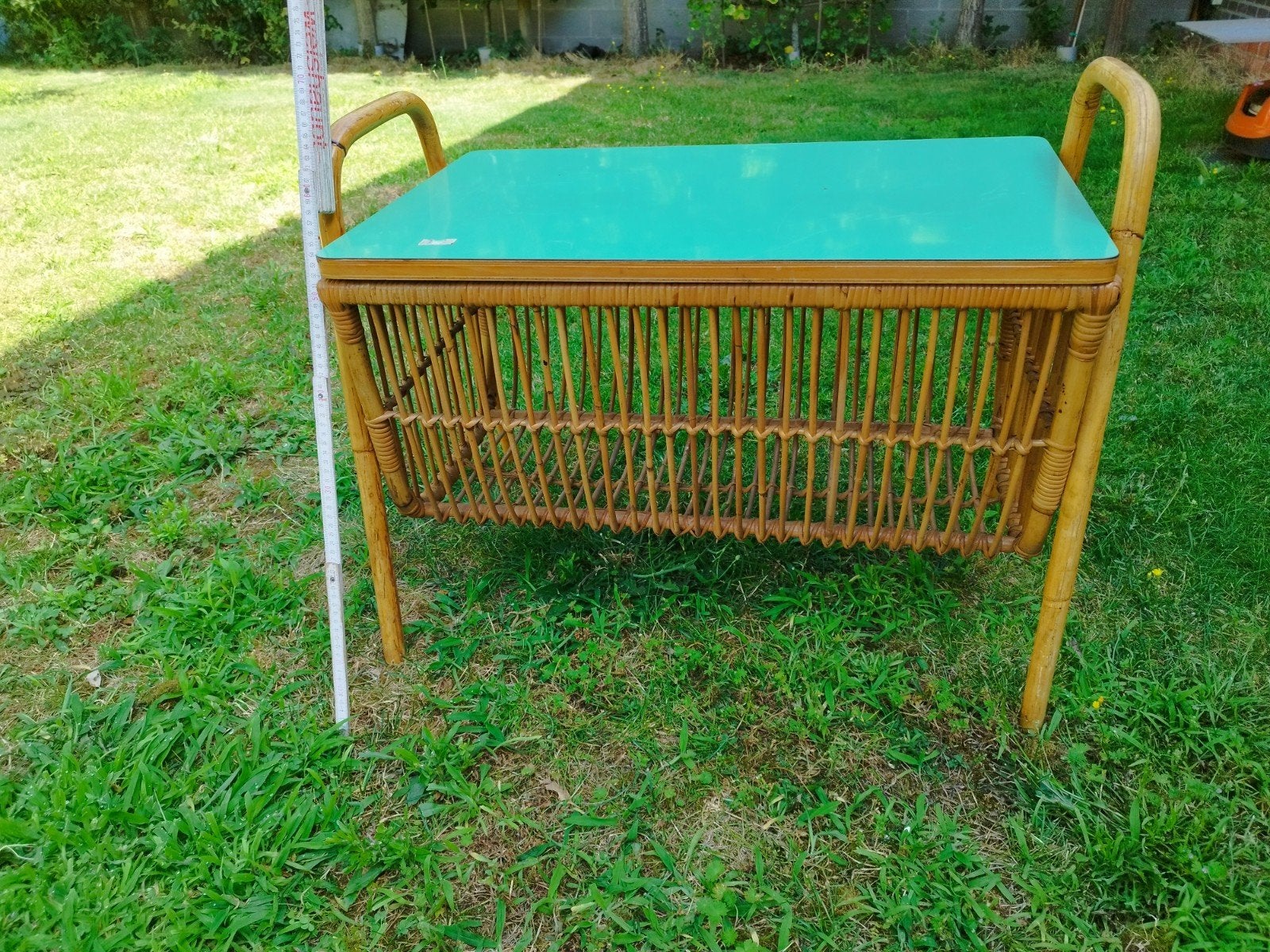 Vintage rieten bijzettafeltje/speelgoedbak, Ophalen