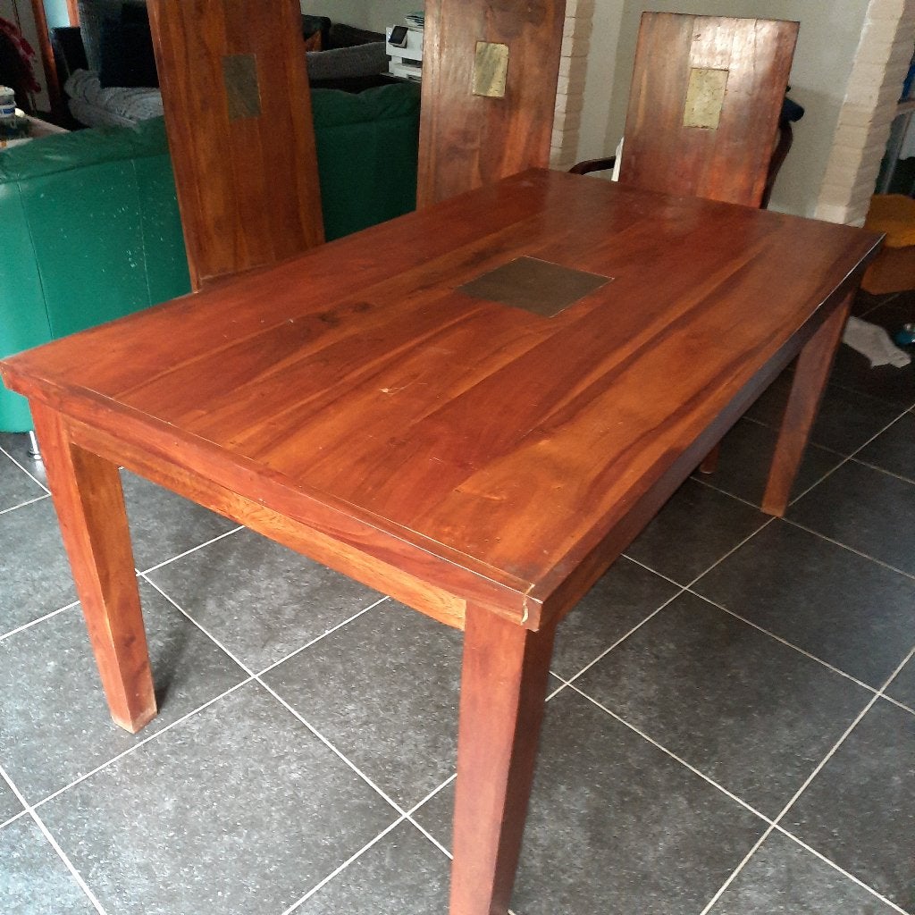 teak eettafel + 4 stoelen, Ophalen, Gebruikt, Teakhout, 50 tot 100 cm