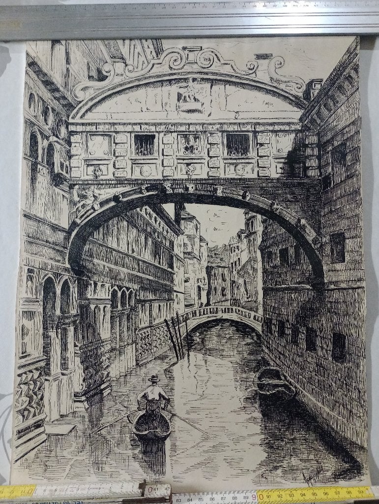 Dessin original Venise Pont des Soupirs 33x43 cm - 1951, Antiquités & Art, Enlèvement ou Envoi, Dessin, Original