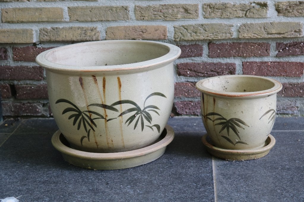 Set van 2 keramische wintervaste bloempotten met schotel, Ophalen, Gebruikt, Rond, Tuin