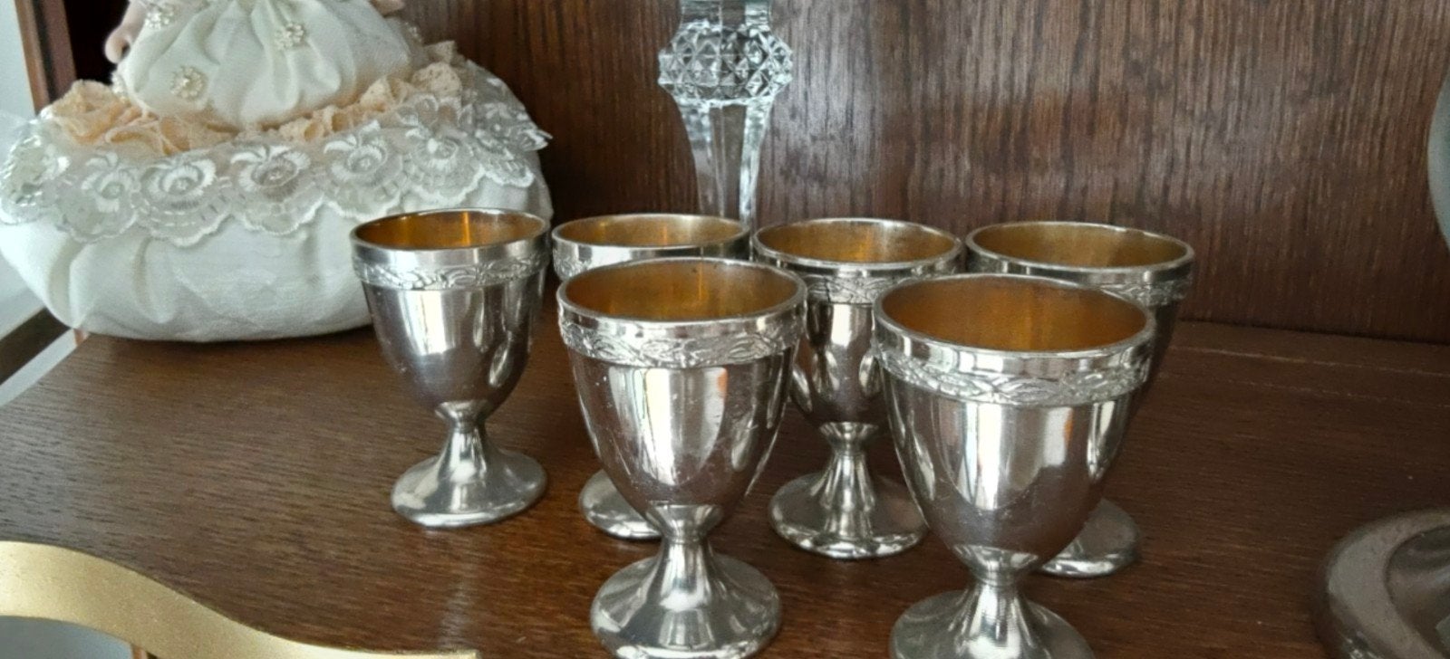 6 verzilverde eierdopjes, Antiek en Kunst, Antiek | Servies compleet, Ophalen of Verzenden