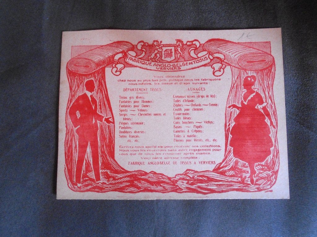 carte publicité Fabrique anglo belge tissus Verviers, Divers, Enlèvement ou Envoi, Comme neuf