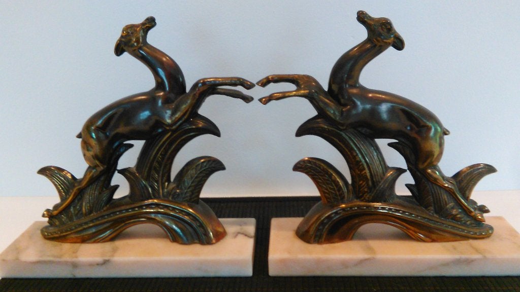 Art Deco boekensteunen herten gazelle op marmeren voet - ree, Antiek en Kunst, Ophalen of Verzenden