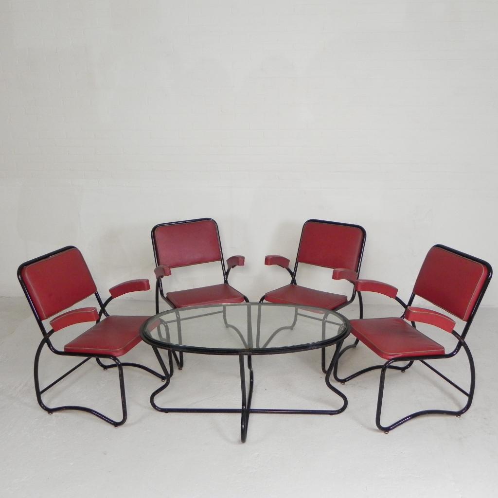 Set van 4 armstoelen en salontafel buizenframe bauhaus stijl, Enlèvement ou Envoi