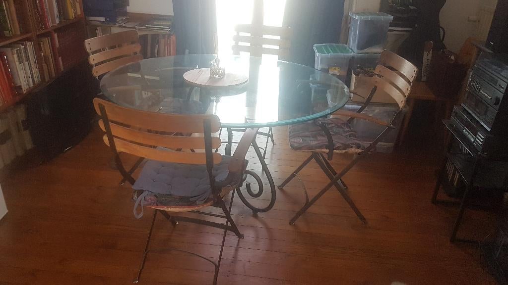 Glazen eettafel en bijhorende stoelen, Gebruikt, Rond, Glas, Vier personen