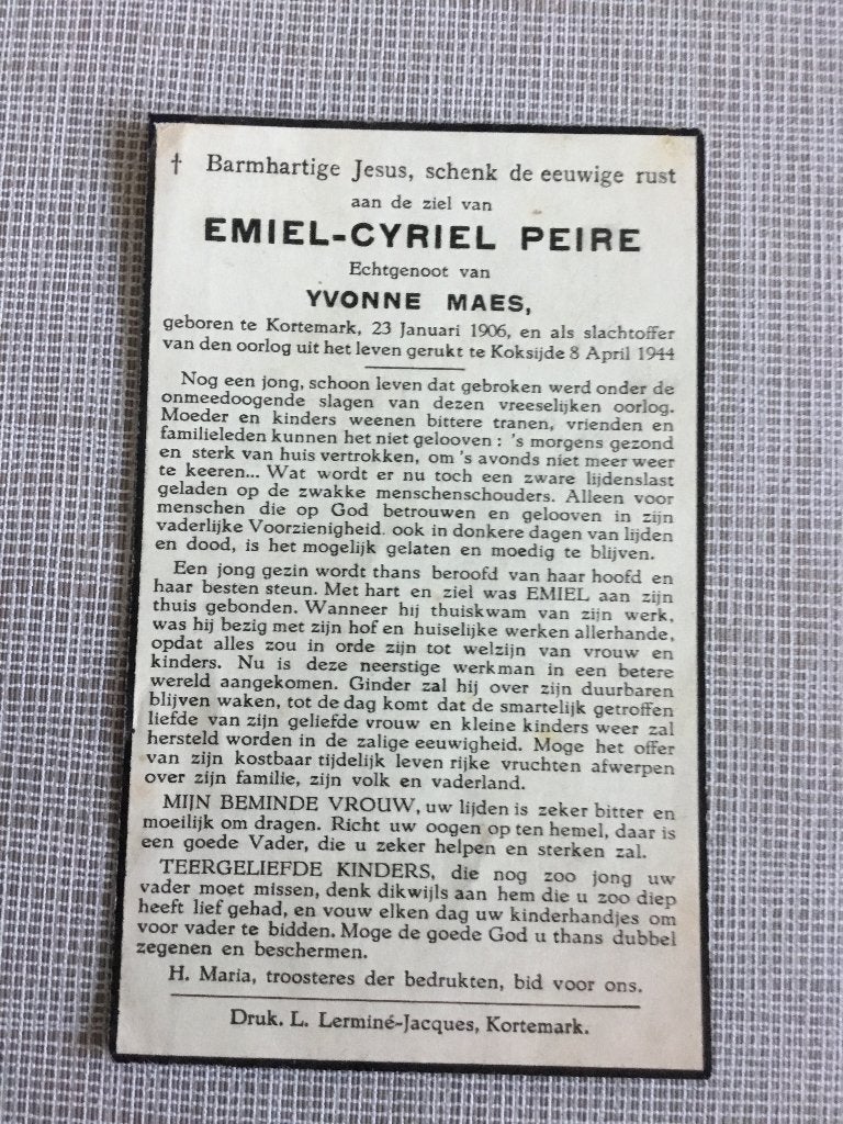 Victime de guerre E.Peire Kortemark + Koksijde 1944 WOII, Collections, Enlèvement ou Envoi, Image pieuse