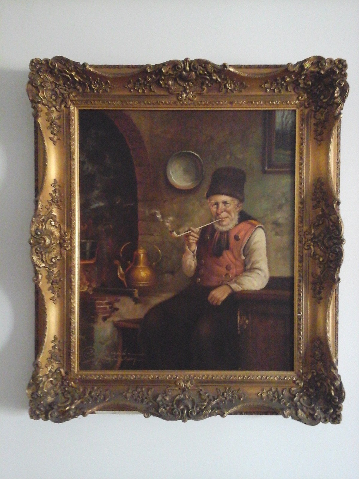 MOOI OUD SCHILDERIJ  " OUDE MAN MET PIJP  "IN BAROKKE LIJST, Antiek en Kunst, Ophalen, Doek, Portret of Personen, Realistisch