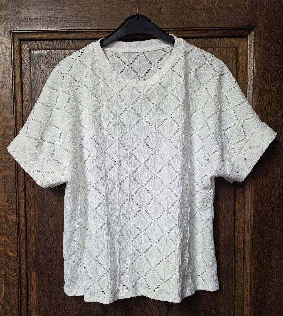 Beige oversized T-shirt met ronde hals en ruitjes motief, L, Envoi, Neuf, Beige