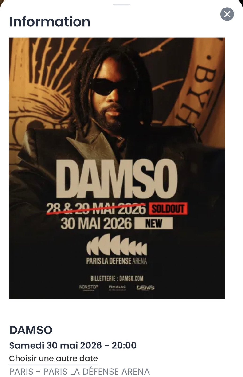 2 Places en fosse concert de damso ce samedi 30, Tickets & Billets, Concerts | Pop, Deux personnes, Mai