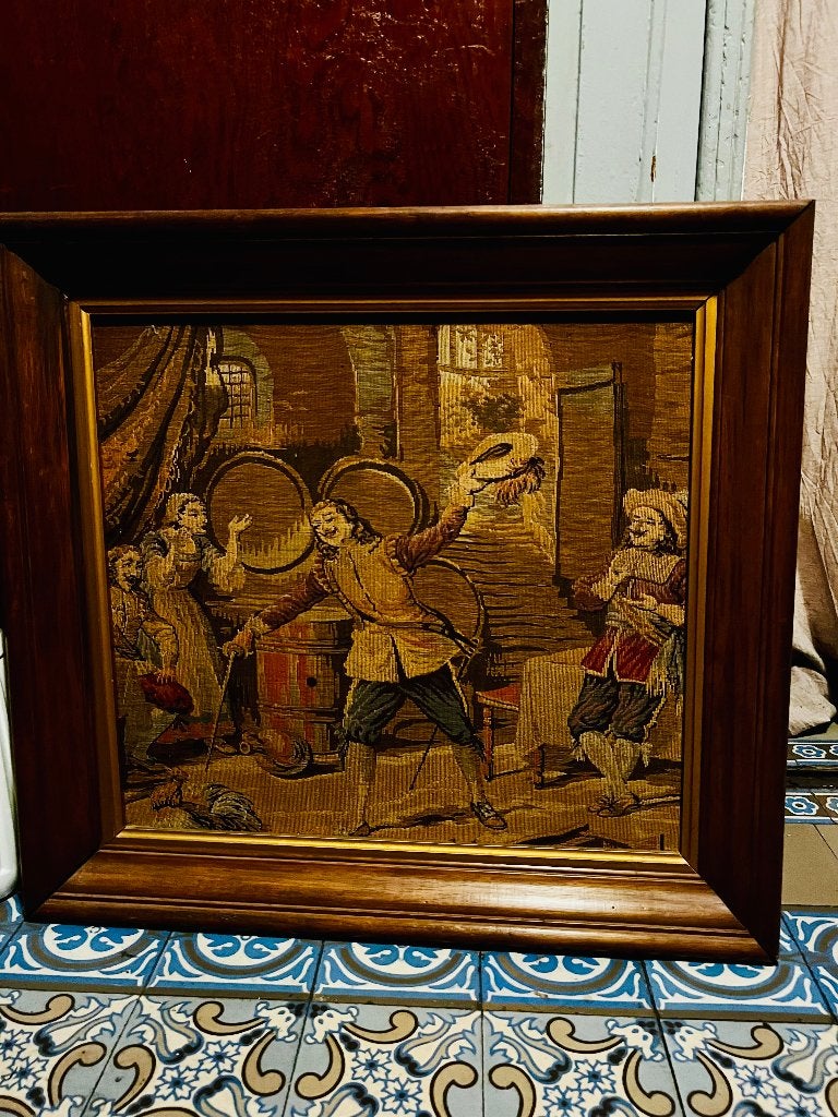 Vintage gobelin- massief houten kader- herbergscène– Teniers, Ophalen, Overige stijlen, Doek, Overige technieken