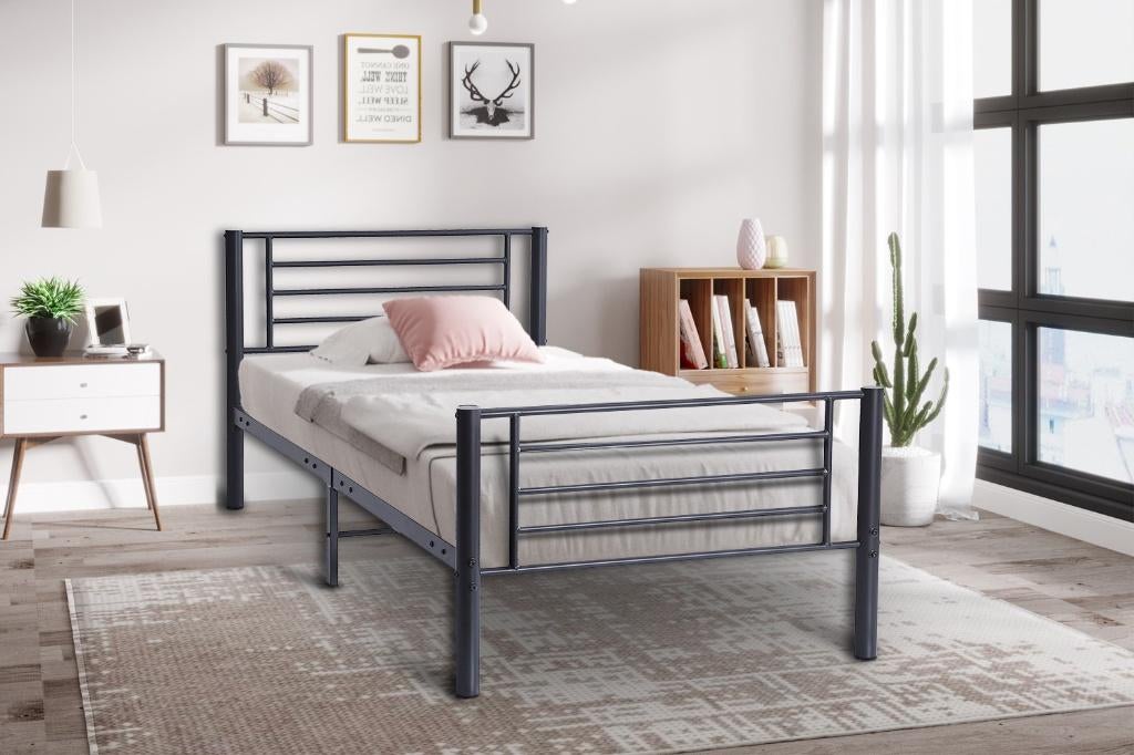1P Bed Sammy 90x200cm grijs metaal + bodem nieuw + Levering, Ophalen, 85 tot 100 cm, Nieuw, Lattenbodem