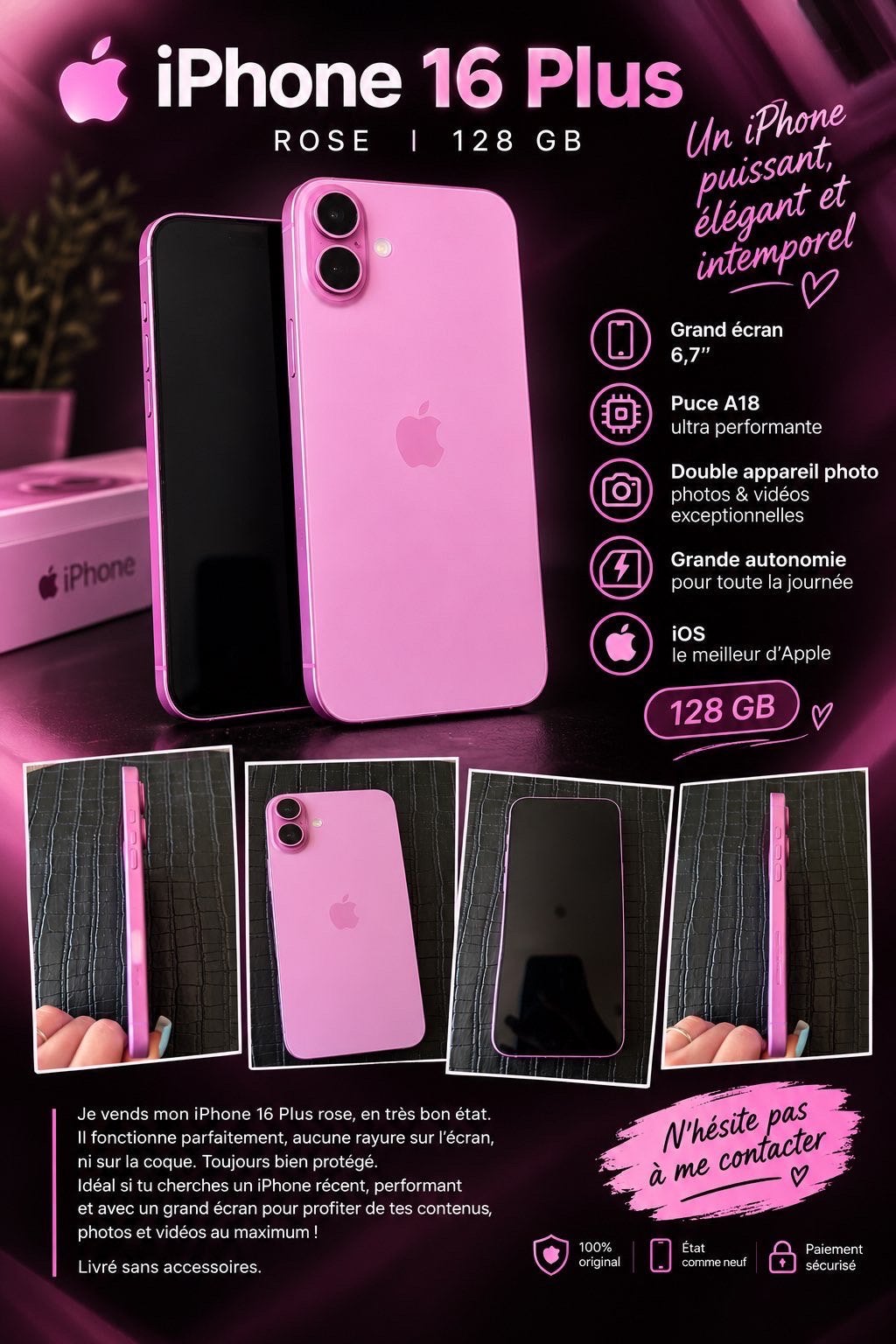 Iphone 16plus 128go, Télécoms, Enlèvement, Comme neuf, IPhone 16, Rose