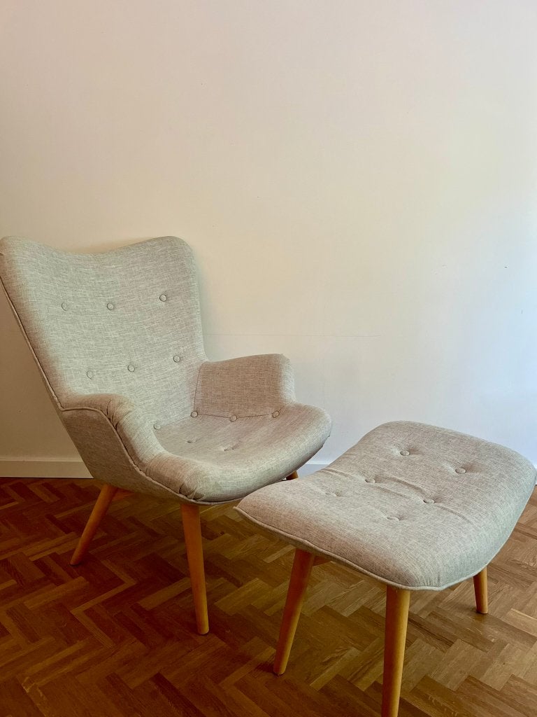 Fauteuil + voetensteun grijs, Ophalen, Hout, Modern landelijk, 75 tot 100 cm