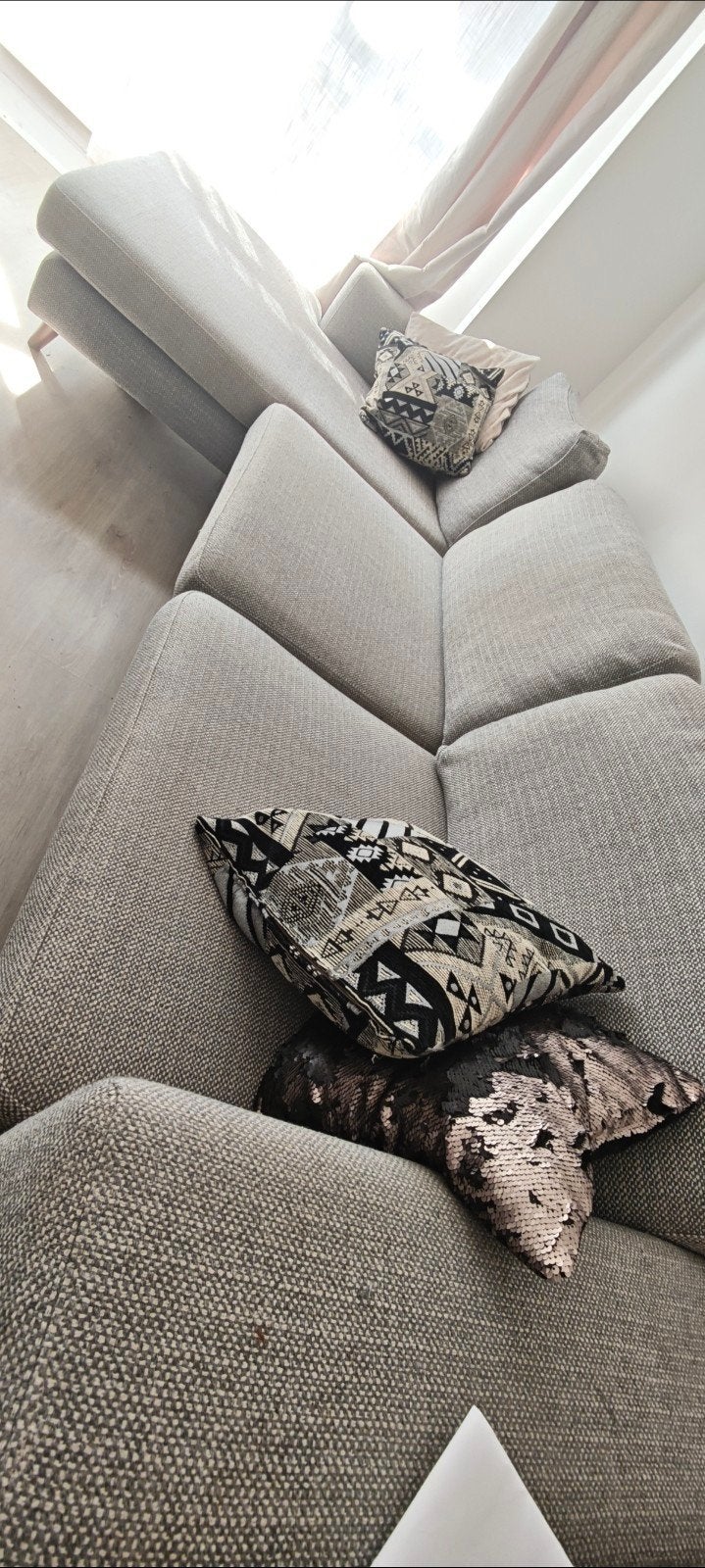 canapé d'angle droit gris, Maison & Meubles, Canapés | Sofas & Chaises Longues, Enlèvement, Trois personnes, Tissus, 300 cm ou plus