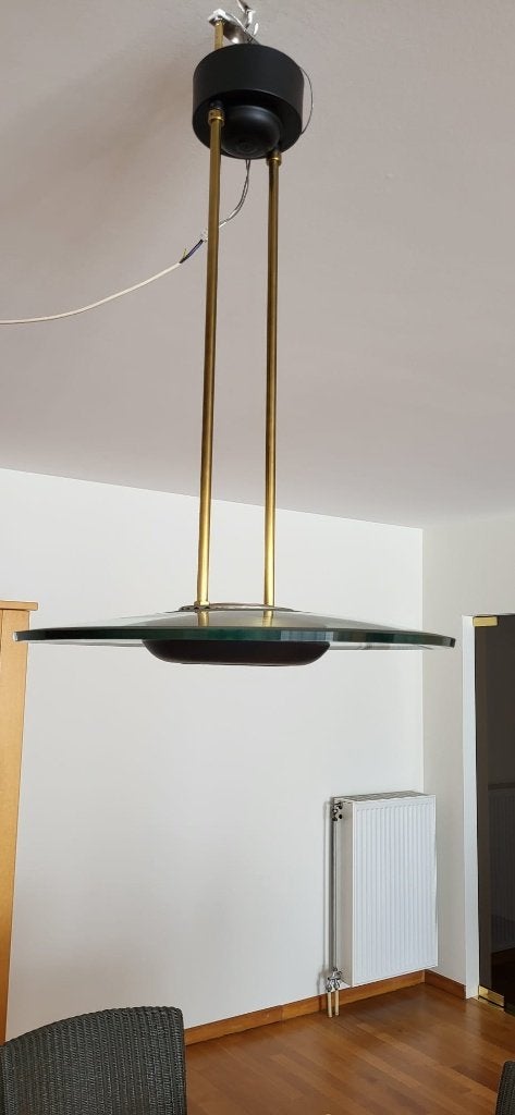 Hanglamp vintage combinatie glas/koper/zwart, Autres culots, Verre, Vintage, Enlèvement