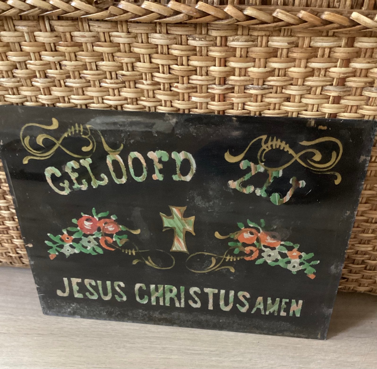 RELIGIEUS ANTIEK GLAZEN HANDGEMAAKT SCHILDERIJ..MOOI!!, Antiek en Kunst, Ophalen of Verzenden