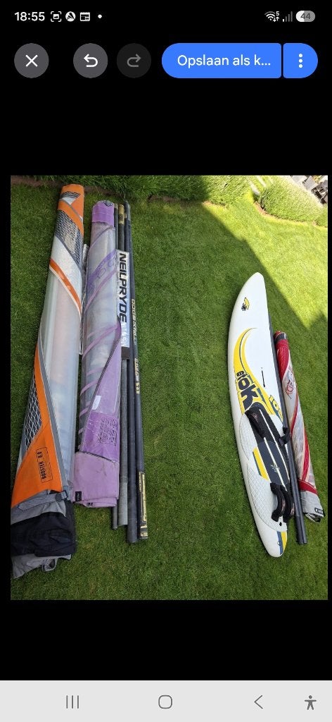 Windsurfmateriaal, Watersport en Boten, Windsurfen, 250 tot 300 cm, Gebruikt, 6.5 m² tot 8 m², Met vin(nen)