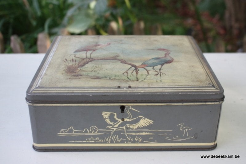 Retro vintage antieke oude blikken doos Van Melle reigers, Verzamelen, Ophalen of Verzenden