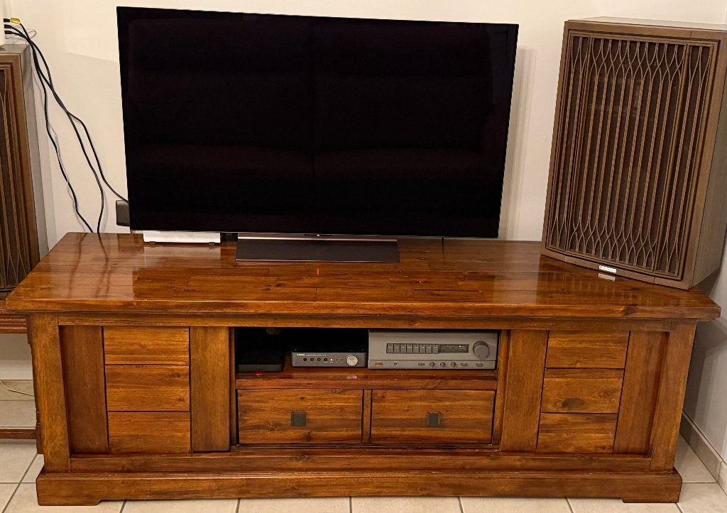 TV meubel in massief teak, Ophalen, 150 tot 200 cm, Teakhout, Zo goed als nieuw