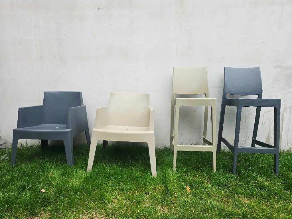 Te koop: Terrastoelen (120) en barkrukken (24), Tuin en Terras, Ophalen, Gebruikt, Overige materialen, Stapelbaar