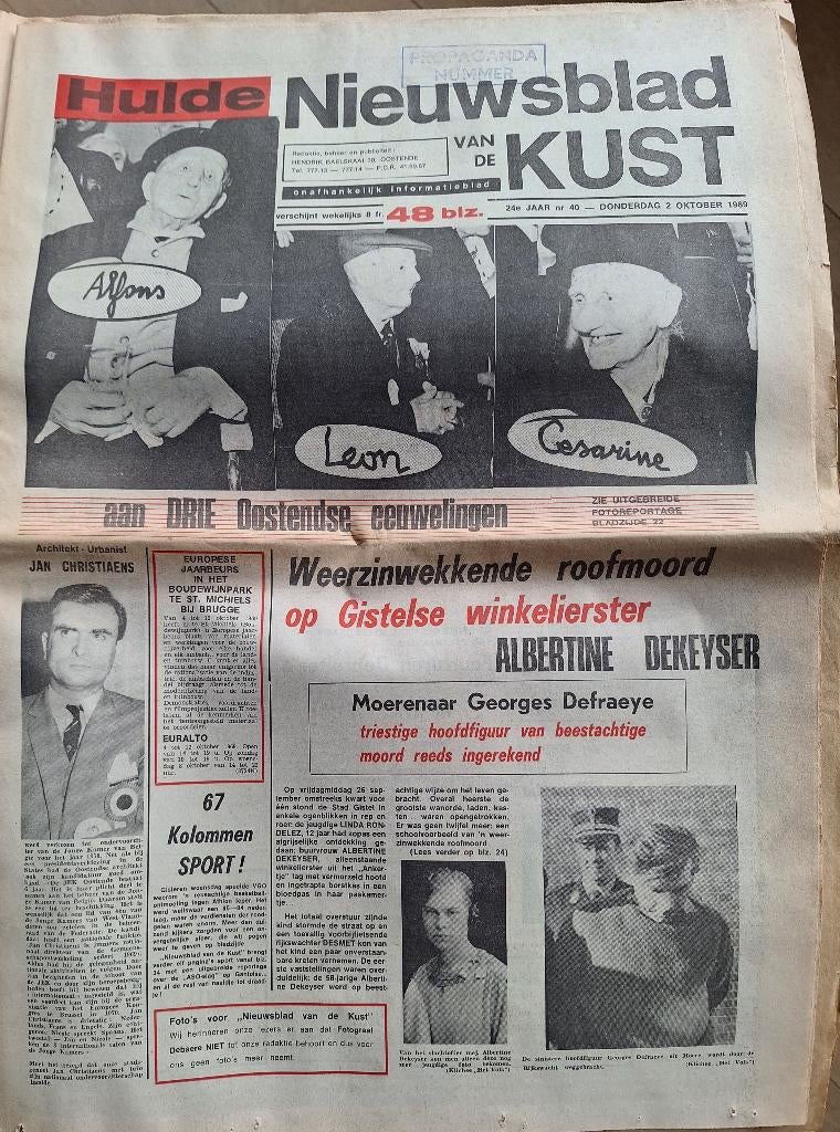 oude krant: Nieuwsblad van de kust-2 okt 1969, Boeken, Tijdschriften en Kranten, Ophalen of Verzenden, Zo goed als nieuw, Krant