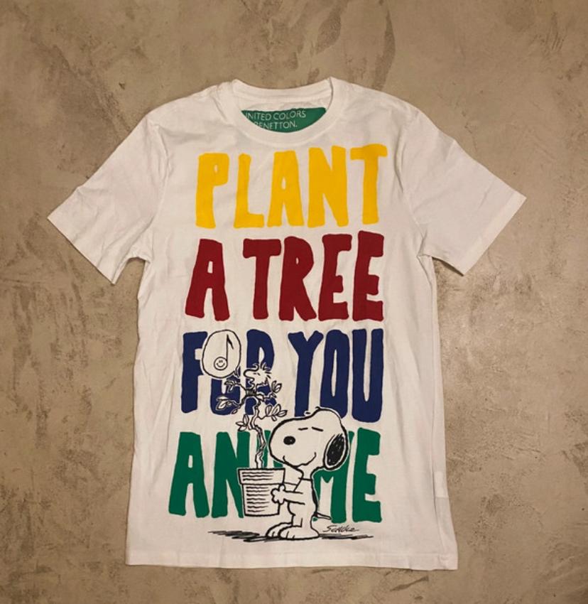 T-shirt Benetton Peanuts Snoopy "Plant a Tree" XS, Enlèvement ou Envoi, Porté, Taille 46 (S) ou plus petite, Blanc