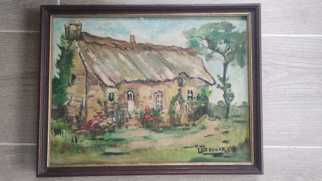 Tableau ancien de L. Broux : Chaumière à Kervener, Antiquités & Art, Enlèvement ou Envoi, Peinture à l'huile, Encadré, Paysage urbain / rural