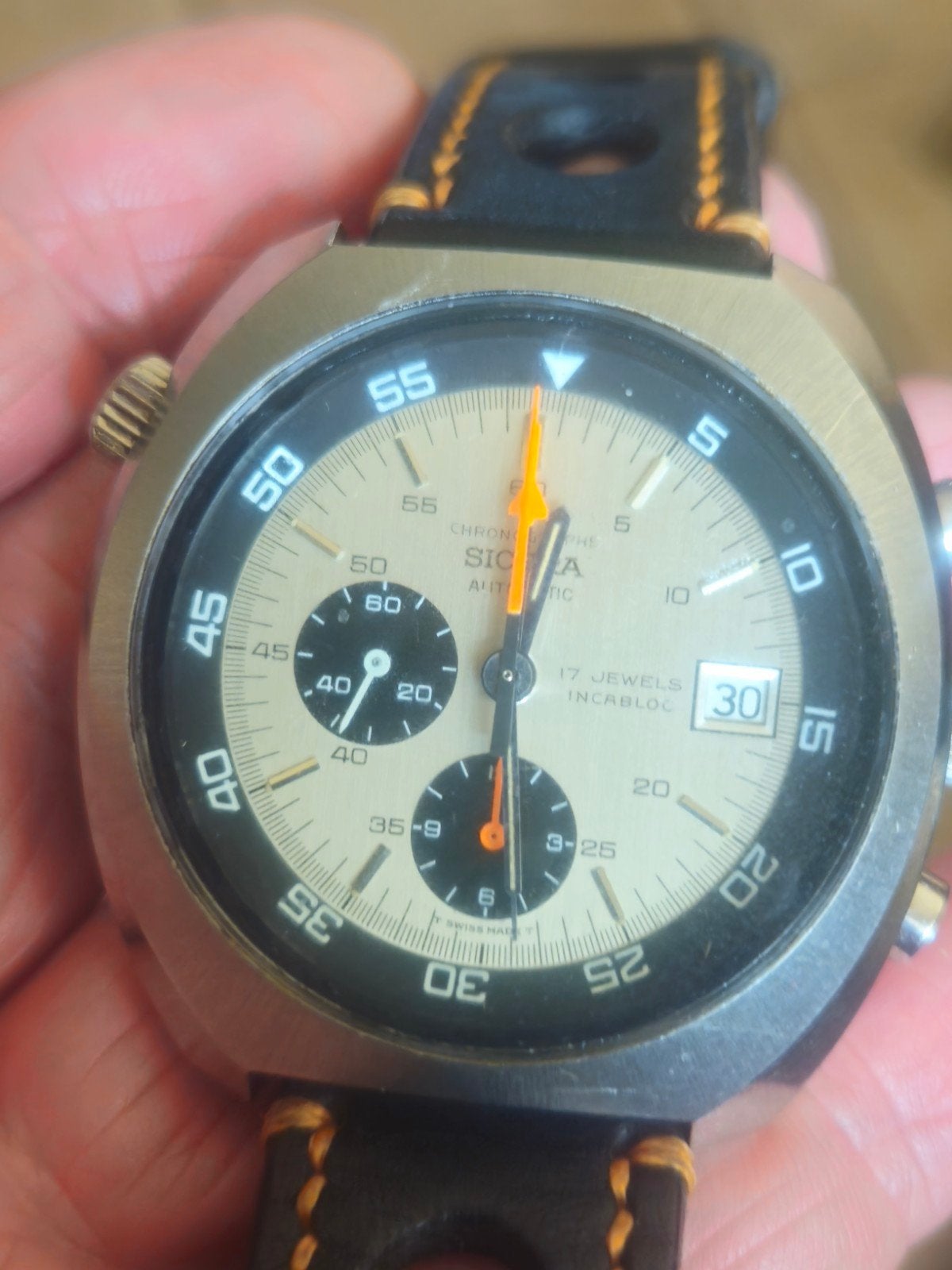 Uurwerk Sicura met automatische chronograaf ref: 9802, Ophalen of Verzenden, Zilver