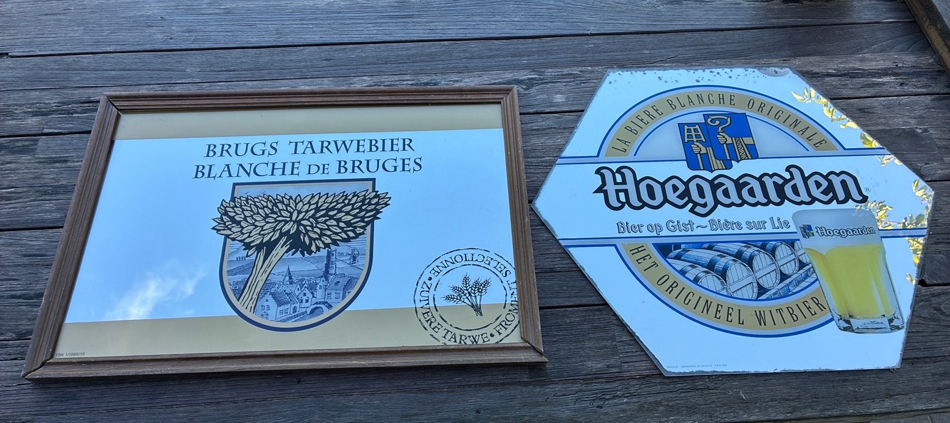 Hoegaarden en Brugs tarwebier - spiegels, Verzamelen, Ophalen, Zo goed als nieuw, Reclamebord, Plaat of Schild, Overige merken