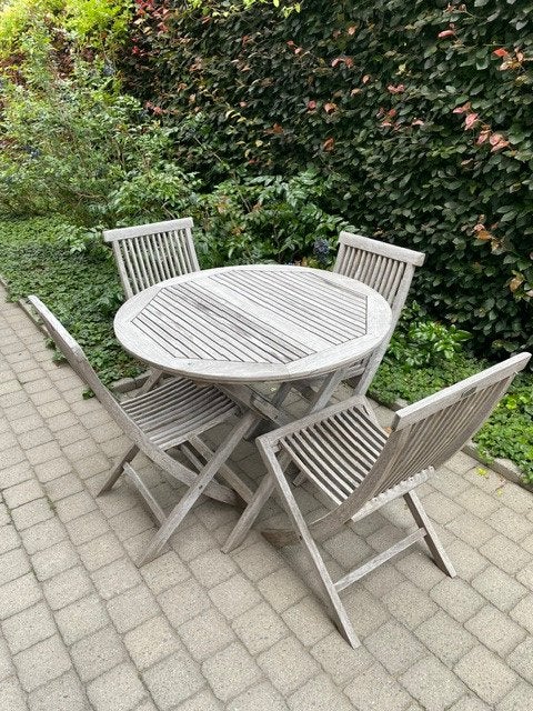 Ronde teakhouten tuintafel met 4 stoelen, merk Brafab, Ophalen, 4 zitplaatsen, Gebruikt, Teakhout