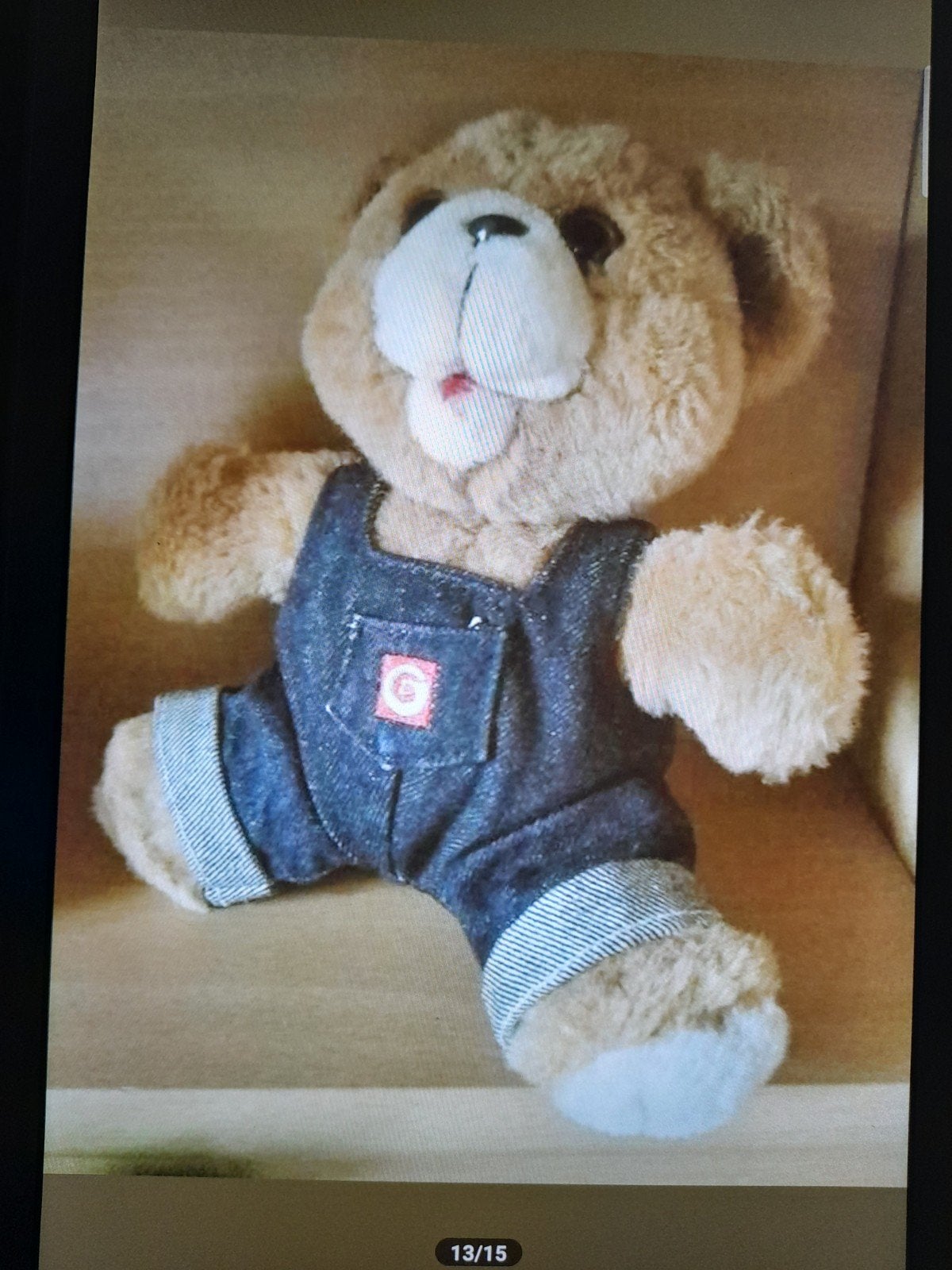 Peluche Ours camel avec salopette en jean, Lavable, Comme neuf, Moyen (20 à 80 cm), Ours