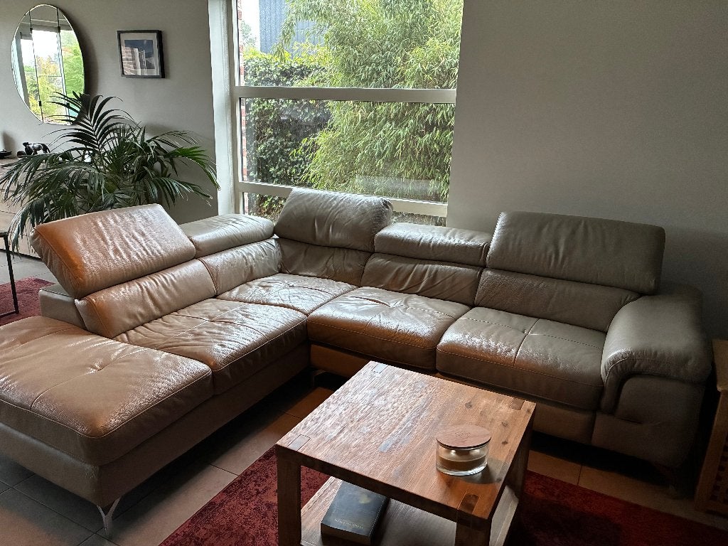 Hoekzetel beige/grijs leer. Gratis af te halen, 100 à 125 cm, 250 à 300 cm, Quatre personnes ou plus, Enlèvement