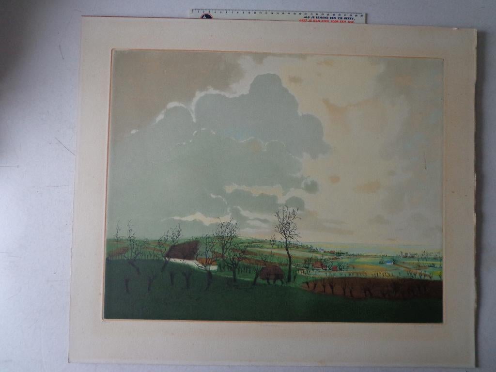 ets/aquatint van Leo Piron "Landschap" door Armand Apol, Antiquités & Art, Enlèvement ou Envoi, 1950 - 1999, Paysage, Eau-forte