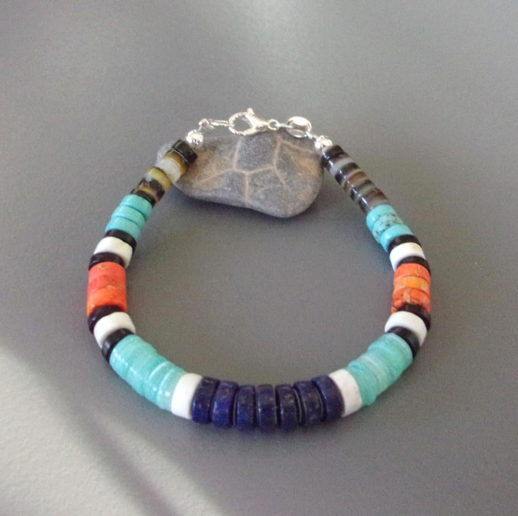 Navajo armband voor man of vrouw in turkoois, lapis, zilver, Handtassen en Accessoires, Armbanden, Met bedels of kralen, Blauw