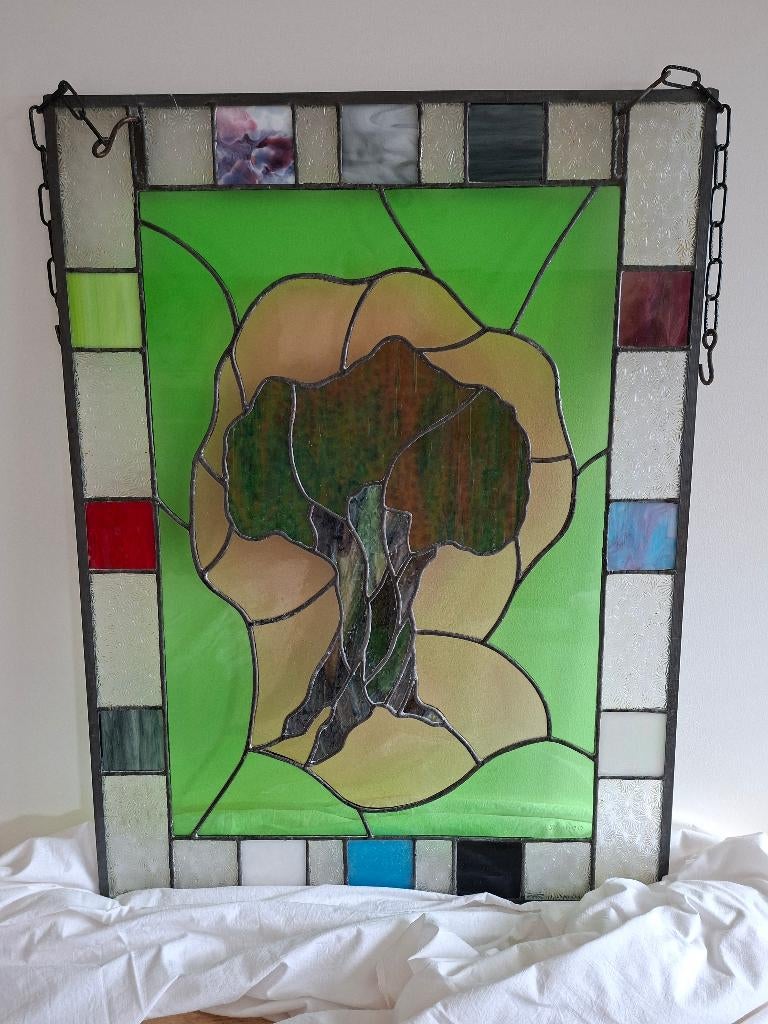Glasramen in lood: olijfboom en menora, Antiquités & Art, Antiquités | Verre & Cristal, Enlèvement ou Envoi