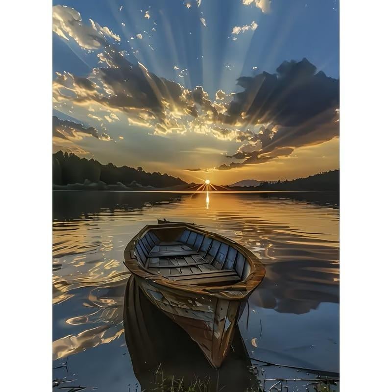 nr 53 Diamond Painting boot zonsondergang 50x40cm (vierkant), Zee en Strand, Verzenden, Nieuw, Meerkleurig