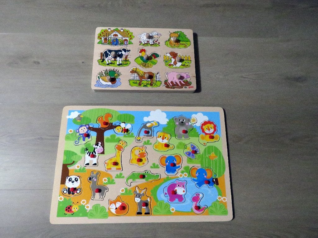 Goki Noppenpuzzel boerderijdieren met geluid, Ophalen of Verzenden, Zo goed als nieuw, 6 maanden tot 2 jaar, Van hout