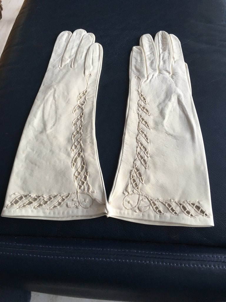 Nieuwe vintage ecru/witte lederen handschoenen, maat 7, Franse makelij, Ophalen of Verzenden, Nieuw, Handschoenen