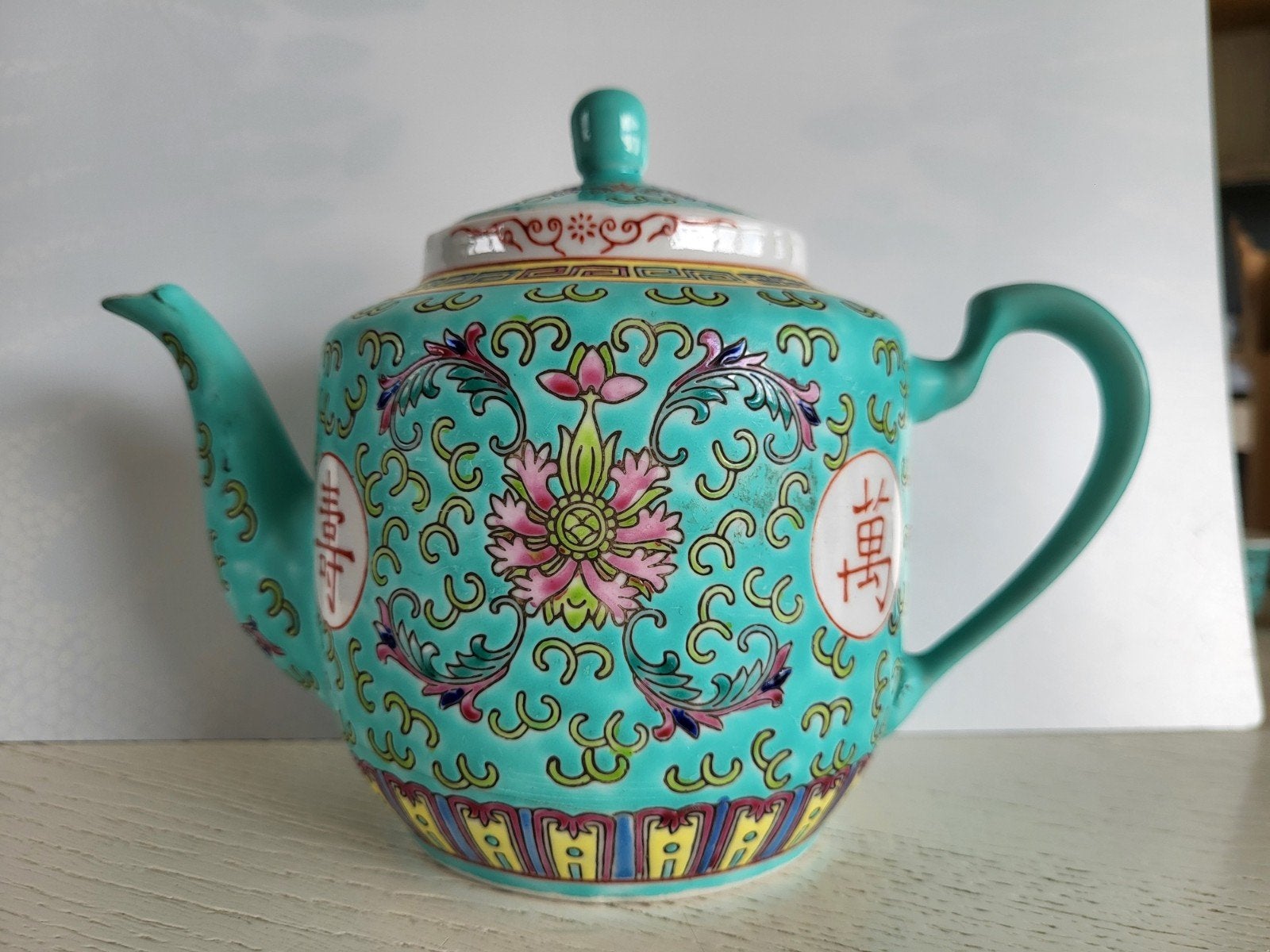 Chinese  turquoise theepot. MUN SHOU porselein, Antiquités & Art, Enlèvement