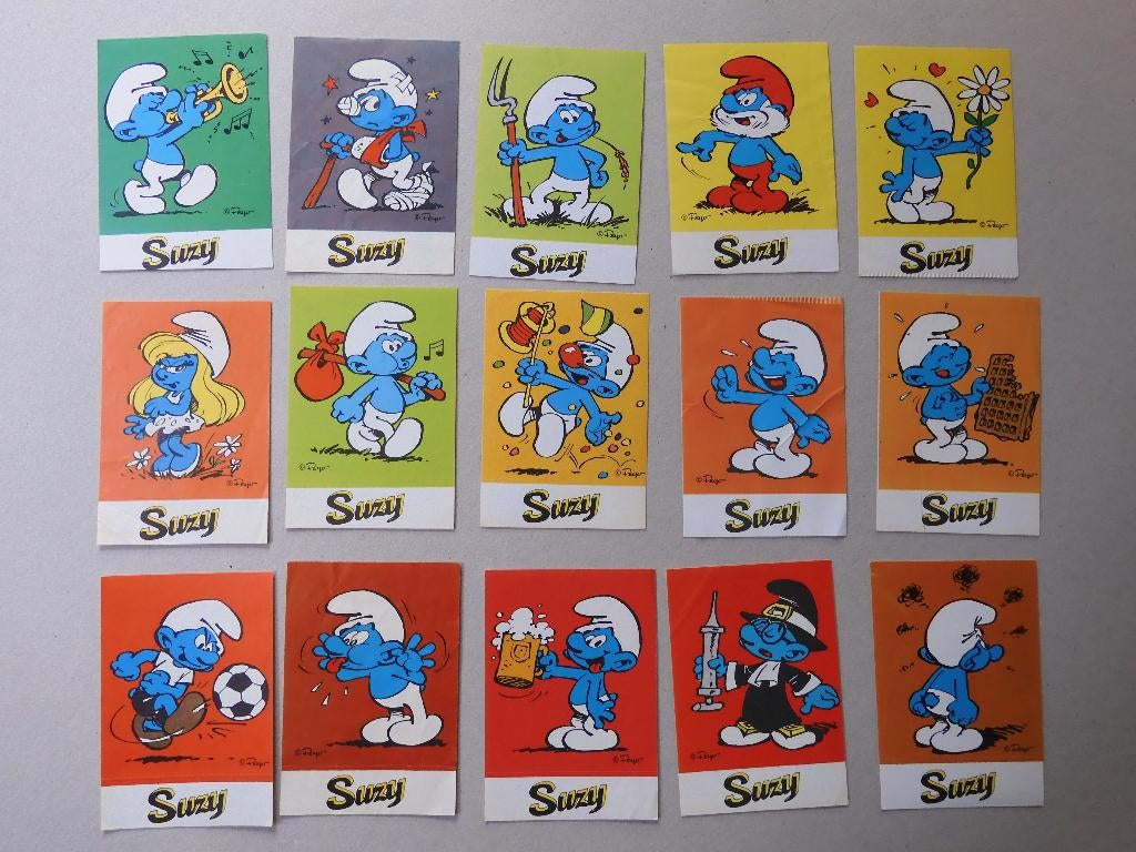 15 stickers - De Smurfen -  Suzy Wafels - 1976, Enlèvement ou Envoi, Comme neuf, Bande dessinée ou Dessin animé
