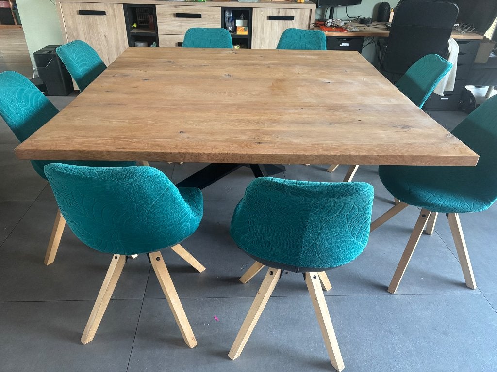 Eettafel eiken blad met zwart metalen onderstel (160x160), Ophalen, Gebruikt, 150 tot 200 cm, Vierkant