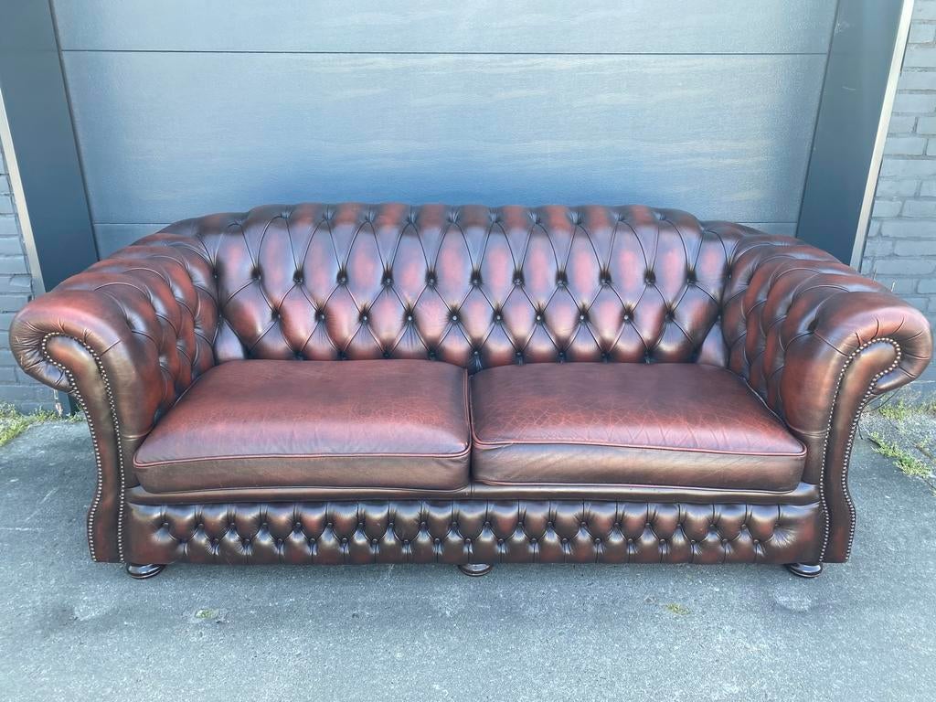 Engelse Springvale Chesterfield zetel roodbruin, Huis en Inrichting, Zetels | Zetels, Zo goed als nieuw, Leer, Ophalen of Verzenden