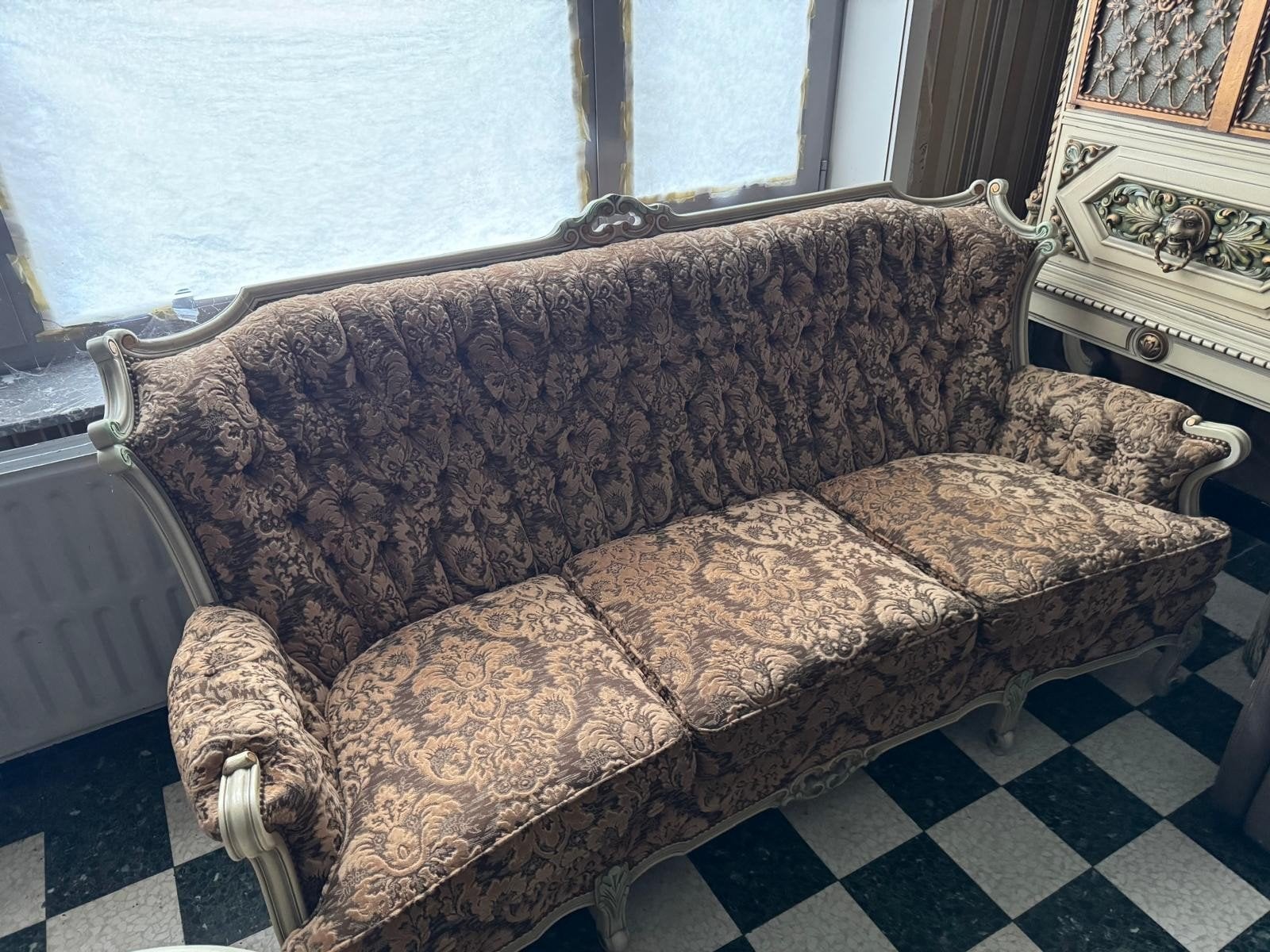 Elegante vintage salon: 3 zit sofa, 2 armstoelen & tafeltje, Ophalen