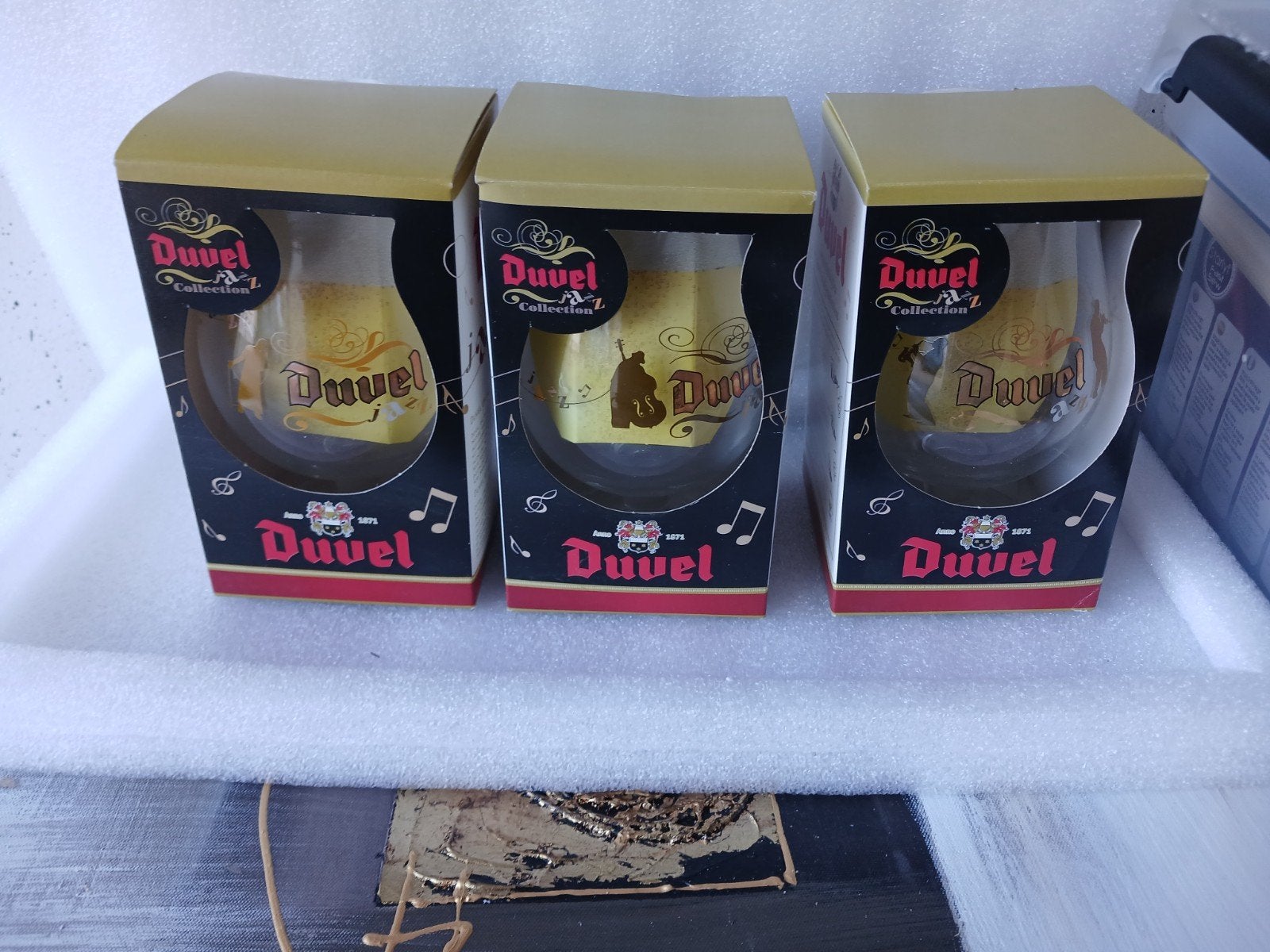 Complete Reeks Duvel Jazz Collection - 3 Glazen in Doos, Enlèvement ou Envoi, Comme neuf, Verre à bière
